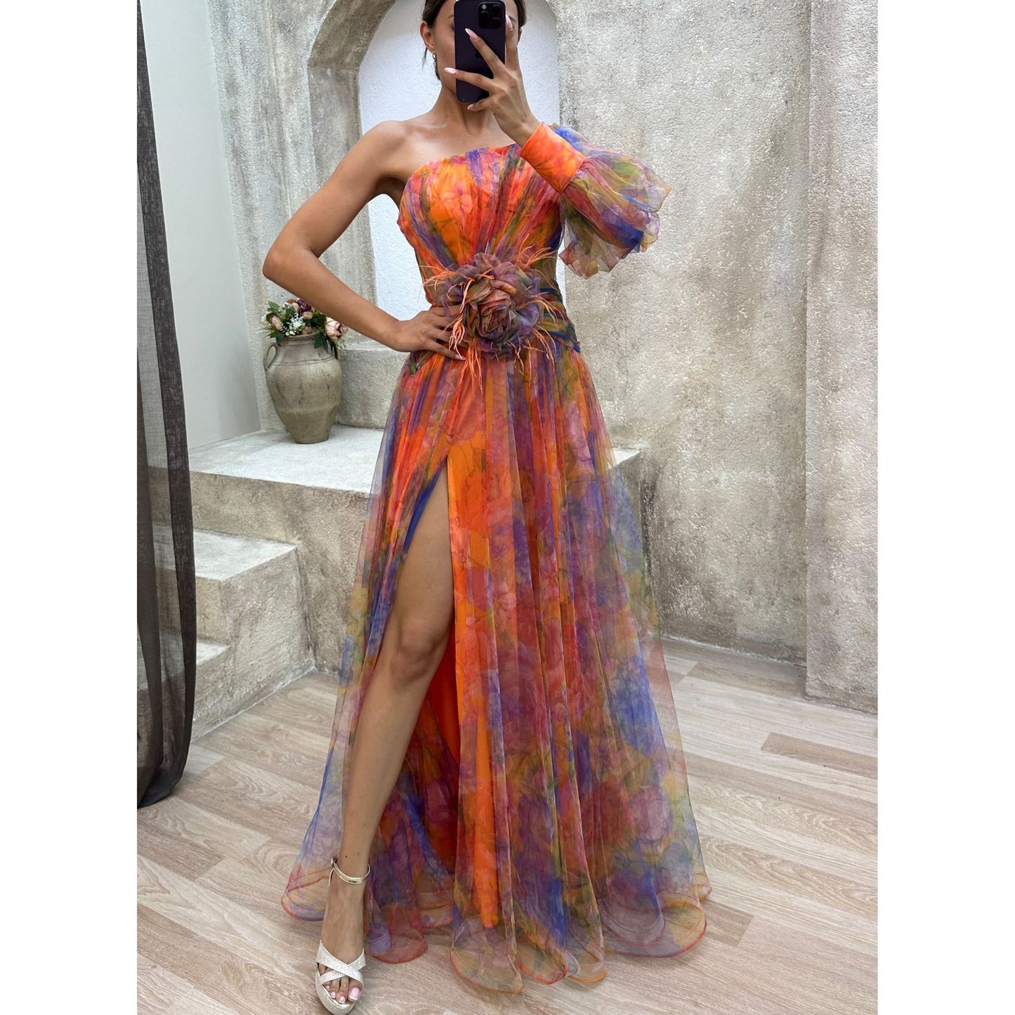 Robe de Soirée Élégante Asymétrique avec Fleur 3D