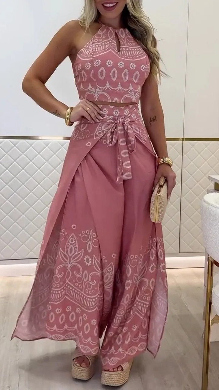Ethnic Style Halter Top Wide Leg Pants Suit