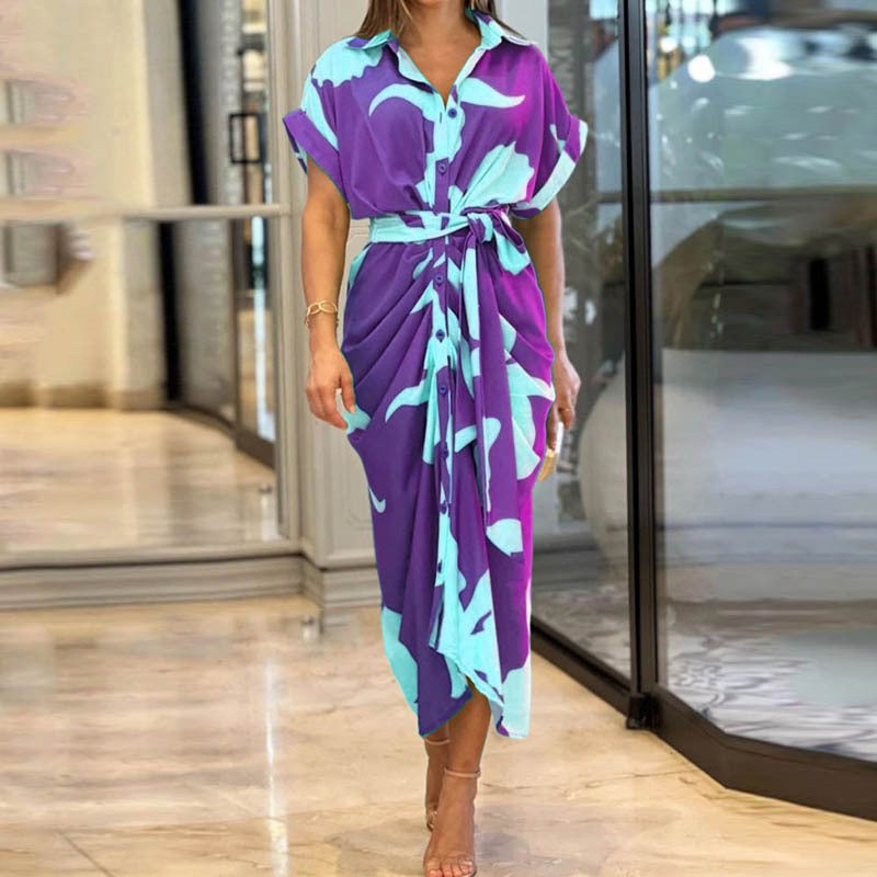 Robe Chemise Botanique Mi-Longue Femme | Ceinture à Nouer