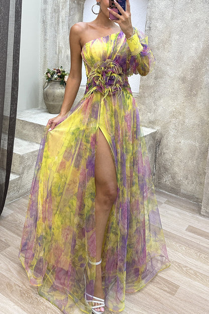 Robe de Soirée Élégante Asymétrique avec Fleur 3D