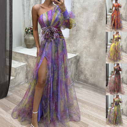 Robe de Soirée Élégante Asymétrique avec Fleur 3D