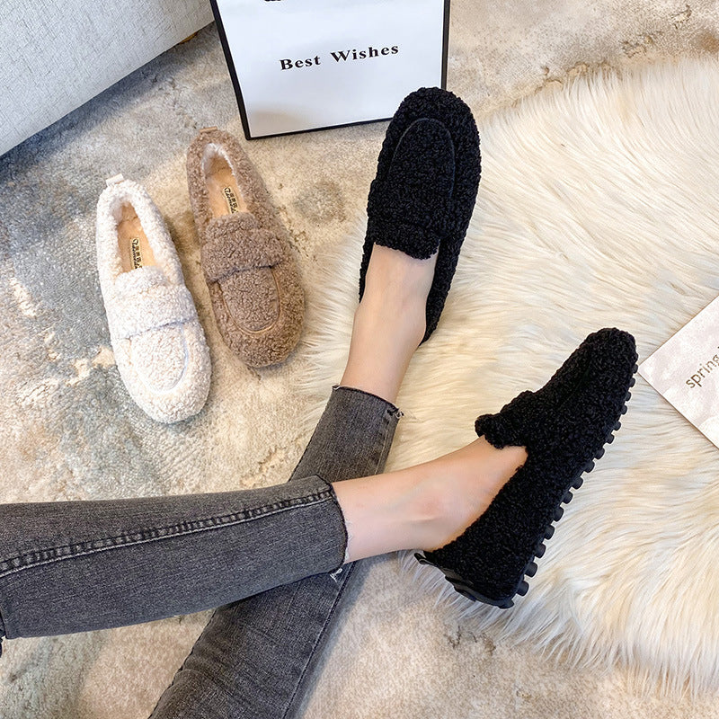 Grande Taille Femme - Chaussures Plates en Shearling - Laine d’Agneau Fourrée - Mocassins Femme - Chaussures Chaudes en Coton - Chaussures à Enfiler pour Dames - Mocassins Doublés de Fourrure de Mouton - Hiver