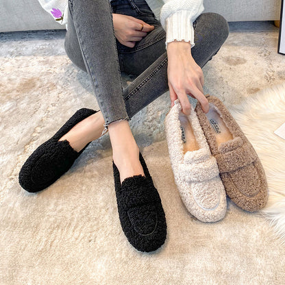 Grande Taille Femme - Chaussures Plates en Shearling - Laine d’Agneau Fourrée - Mocassins Femme - Chaussures Chaudes en Coton - Chaussures à Enfiler pour Dames - Mocassins Doublés de Fourrure de Mouton - Hiver