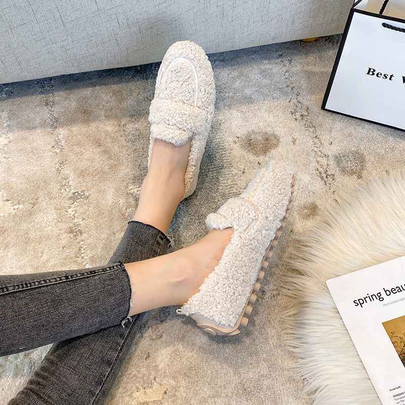 Grande Taille Femme - Chaussures Plates en Shearling - Laine d’Agneau Fourrée - Mocassins Femme - Chaussures Chaudes en Coton - Chaussures à Enfiler pour Dames - Mocassins Doublés de Fourrure de Mouton - Hiver