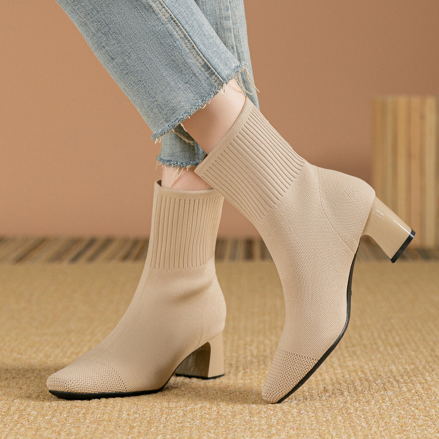 Bottines tendance automne pour femmes - Bottines chaussettes extensibles en maille - Style motard - À enfiler - Grandes tailles