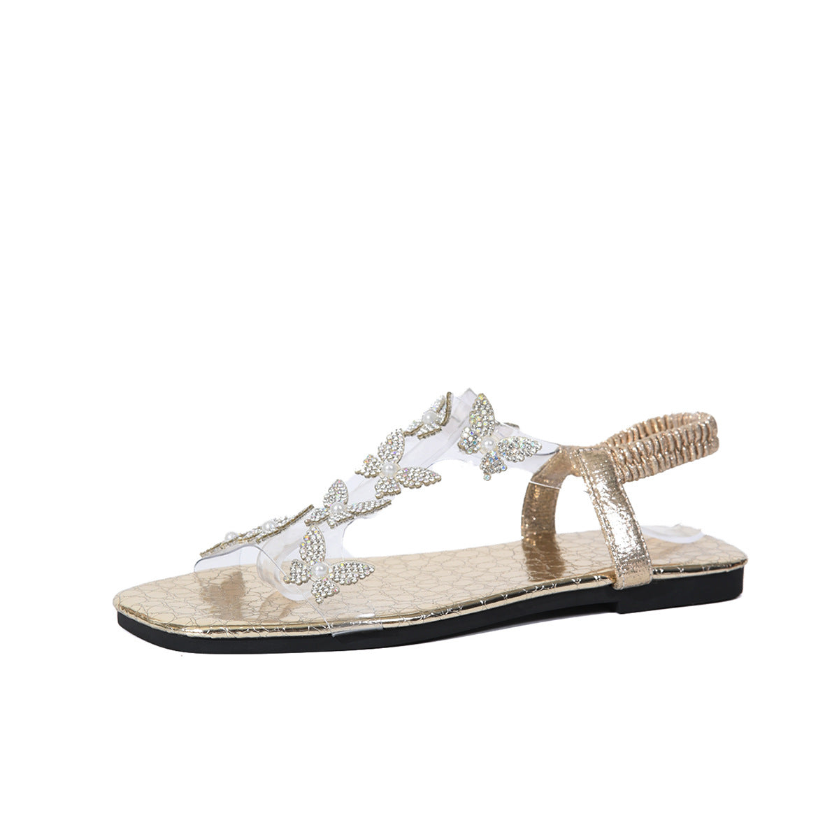 Sandales transparentes femme - Sandales papillon - Sandales plates strass - Chaussures d'été transparentes - Sandales bijoux femme