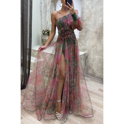 Robe de Soirée Élégante Asymétrique avec Fleur 3D