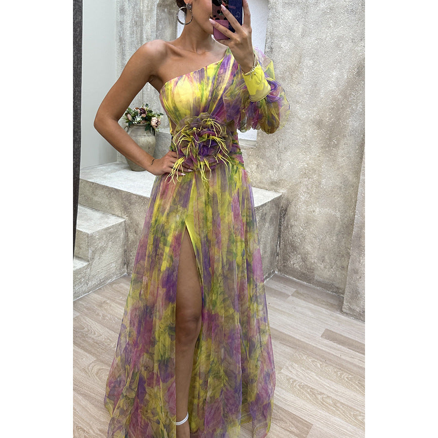 Robe de Soirée Élégante Asymétrique avec Fleur 3D