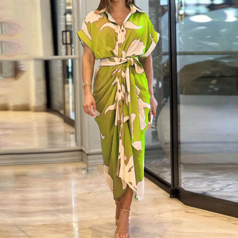 Robe Chemise Botanique Mi-Longue Femme | Ceinture à Nouer