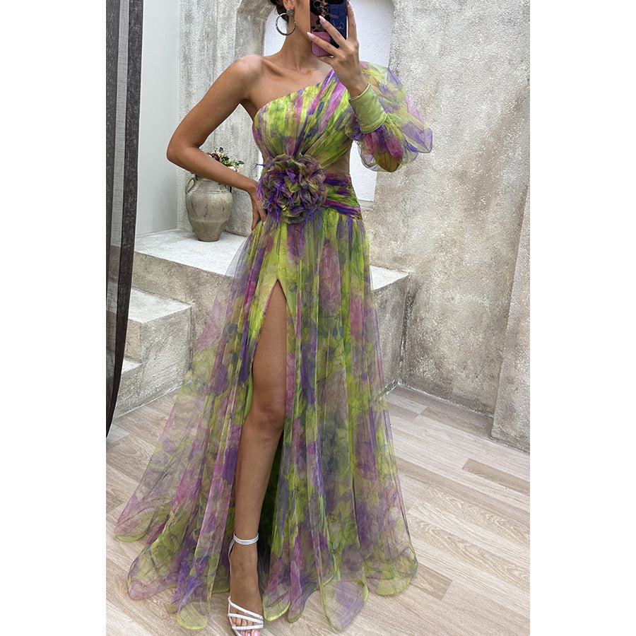 Robe de Soirée Élégante Asymétrique avec Fleur 3D
