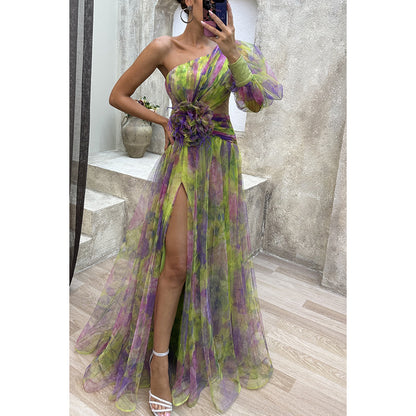 Robe de Soirée Élégante Asymétrique avec Fleur 3D