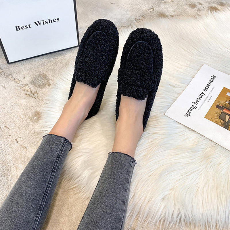 Grande Taille Femme - Chaussures Plates en Shearling - Laine d’Agneau Fourrée - Mocassins Femme - Chaussures Chaudes en Coton - Chaussures à Enfiler pour Dames - Mocassins Doublés de Fourrure de Mouton - Hiver